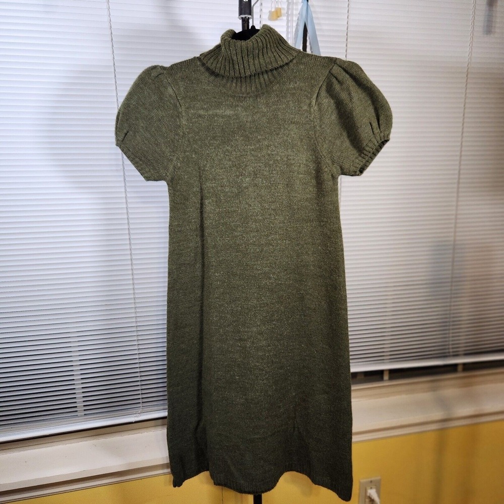 Duck Head $70 Medium Dark Army Green Mock Neck Balloon Sleeve Mini Sweater Dress